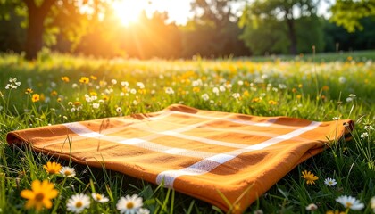 Orange picnic blanket in a field of wildflowers at sunset