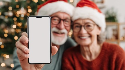 Happy mature family couple in santa hats holding smartphone in hands using cell phone mockup white blank screen for ads on Christmas tree background advertising mobile applications. Over shoulder vie