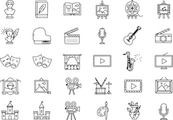 Art and Entertainment Icons Pack, Creative Expression and Performance Vector Set, Easel, Microphone, Guitar, Film Reel, Comedy Masks, Portrait Frame, Palette, Theater Stage