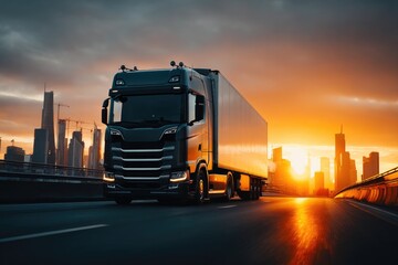 Fototapeta premium Black cargo truck on highway at sunset