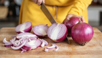 Freshly chopped red onions on wooden cutting board. Chopped red onion pile, partially sliced onions, yellow cloth draped over. Kitchen prep, cooking ingredients, tangy pickling adventure.