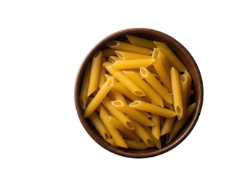 Top down view of uncooked penne pasta in a wooden bowl against food