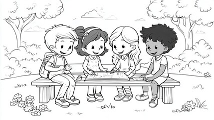 Happy group of children coloring at the park , no logos, no brands