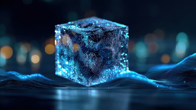 Futuristic ai agent hologram cube with flowing data streams and bokeh lights