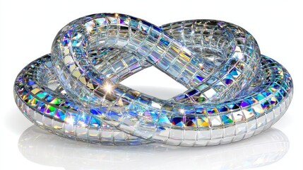 Intertwined rings of iridescent glass tiles.