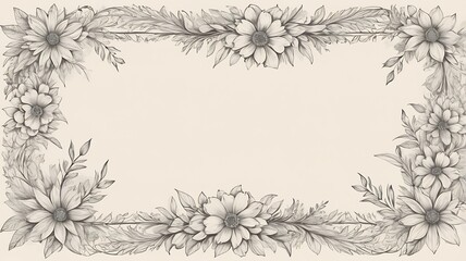 Elegant floral frame, light gray pencil sketch on beige