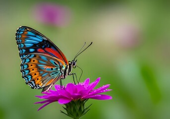 Obraz premium A vibrant butterfly with intricate wing patterns rests on a delicate purple flower in a sunlit garden creating a beautiful natural scene