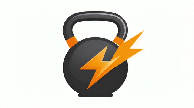 Black kettlebell with orange lightning bolt icon on white background