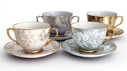 Fototapeta premium a set of matching tea cups on a white isolated background, delicate and elegant design