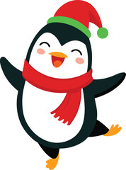 Adorable cartoon penguin wearing a festive red santa hat and matching scarf happily ice skating with outstretched wings isolated on transparent background