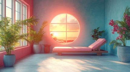 Unique minimalist summer aesthetic. Sun lounger, tropical plants, and modern geometric display. 3D render