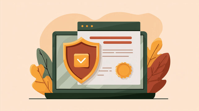 Digital certificate verifying website trust, security in internet, vector style