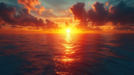 Obraz premium Panoramic view of the endless ocean, the sun dipping into the horizon, leaving behind a fiery sky