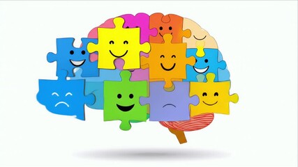 Brain puzzle pieces with varying expressions on white background - Powered by Adobe