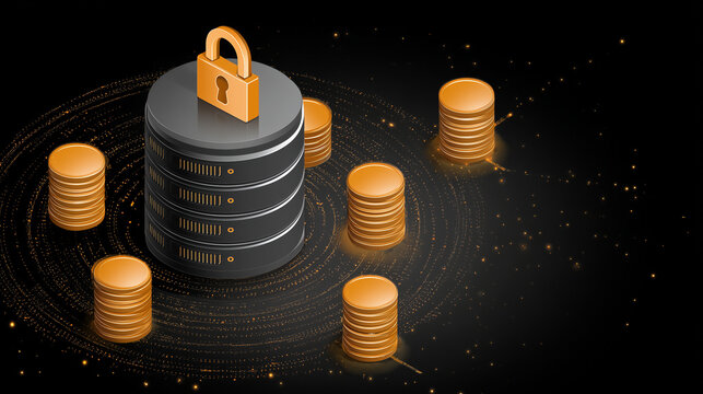 Data encryption symbol over a secure server, security in internet, vector style