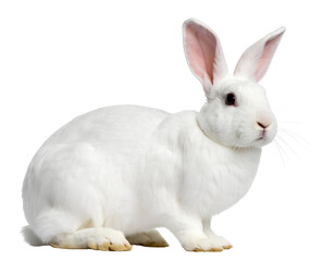 Fototapeta premium Full Body Side View of a White Rabbit Sitting Calmly, PNG Cutout with Transparent Background.