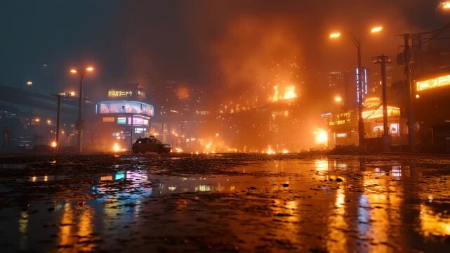 Cinematic street-level shot of a major city intersection engulfed in fire, neon signs flickering through smoke, glowing embers swirling