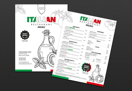 Italian Food Menu Template Layout for Restaurants