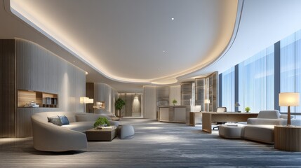 Modern hotel lobby interior design with curved walls and large windows.