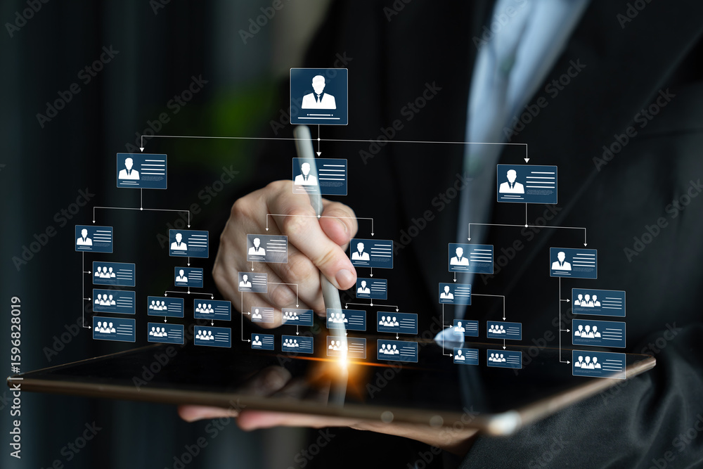 Poster corporate org chart and team structure show hierarchy, team, and structure for clear organization, m