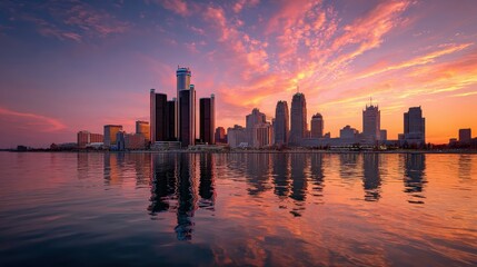 Beautiful city skyline of Detroit city, photos taken from Canadian side, Windsor, Ontario. , no logos, no brands