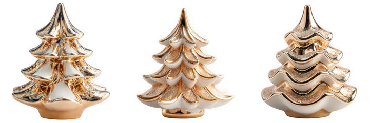 Three festive ceramic christmas trees with gold and white accents isolated on transparent background