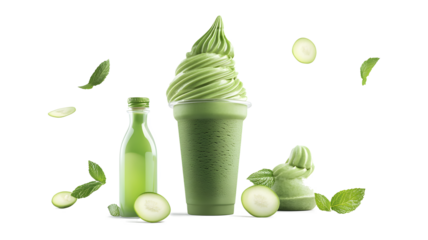 A green smoothie with a green straw and a green cup is on a white background. Concept of freshness and healthiness