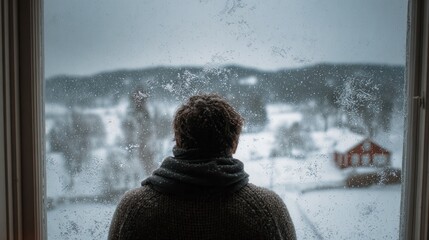 Person looking at snowy landscape through window