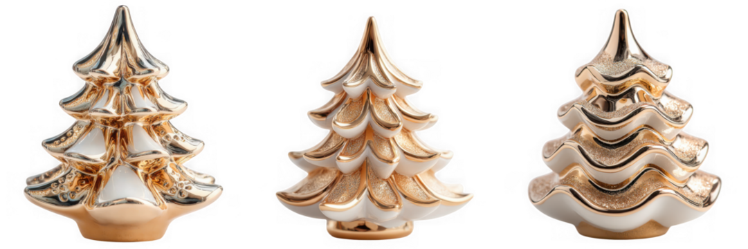 Three festive ceramic christmas trees with gold and white accents isolated on transparent background