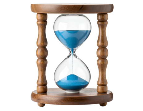 Modern Rustic Hourglass with Blue Sand and Carved Wood Stand, Cutout PNG File.