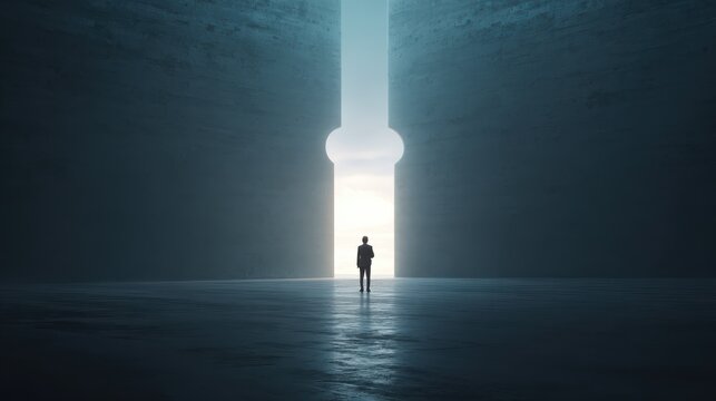 Back view of businessman standing in abstract key opening in wall with bright light and mock up place. Solution and decision concept, no logos, no brands - Powered by Adobe