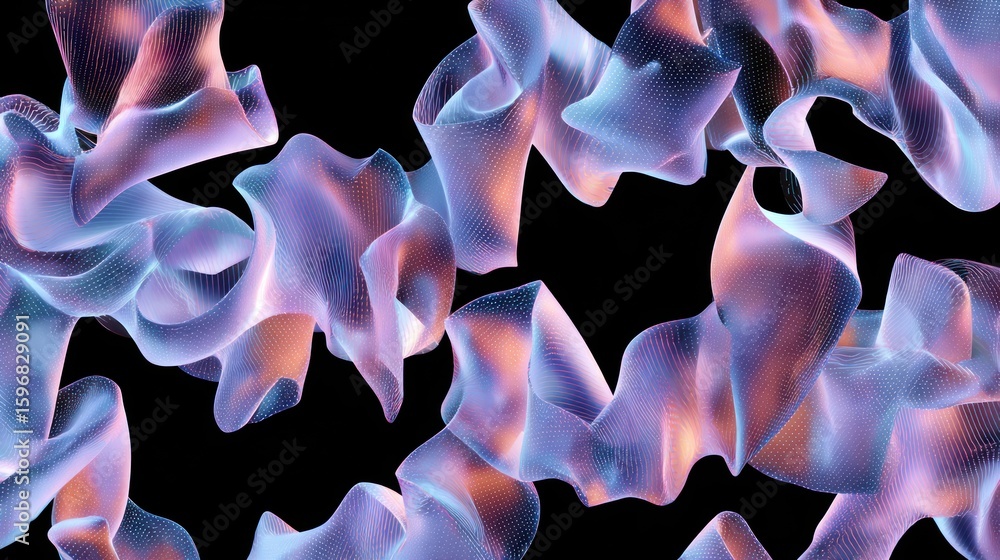 Poster abstract 3d shapes with a mesh pattern.