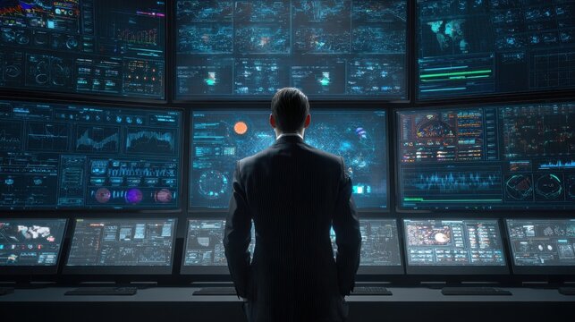 A man in a suit oversees a command center with multiple screens displaying graphical data, symbolizing high-stakes monitoring and decision-making.