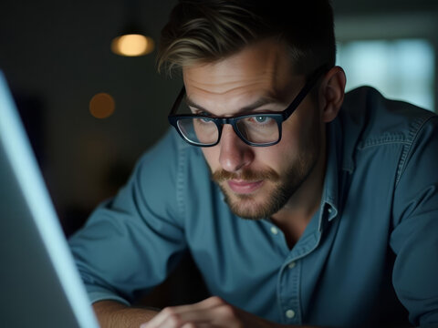 Jeune professionnel concentr&eacute; travaillant tard le soir sur un projet num&eacute;rique ambitieux en solo
