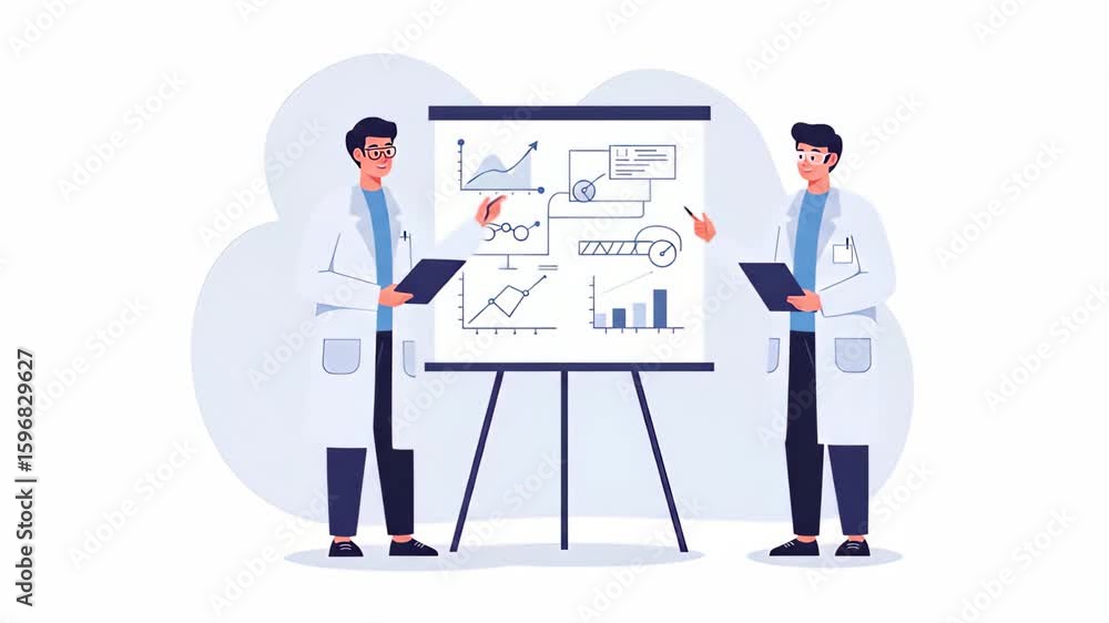 Poster flat vector two scientists are presenting research data on a whiteboard, explaining the charts and g