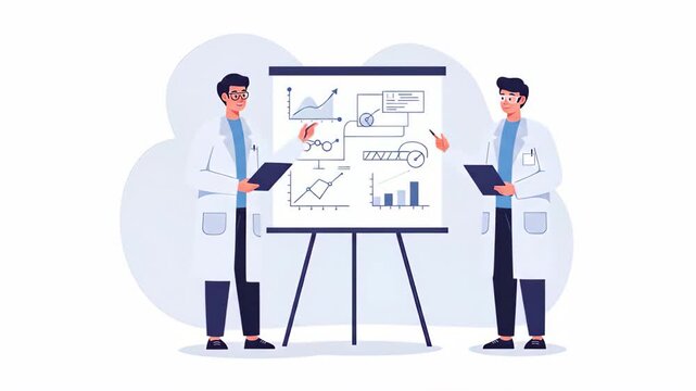 Flat vector two scientists are presenting research data on a whiteboard, explaining the charts and graphs to the team during a medical meeting