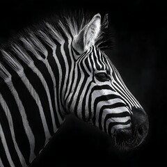 Close-up portrait of a zebra's head, showcasing its striking black and white stripes 