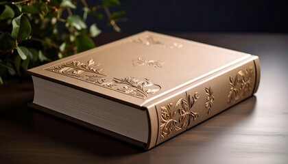 Elegant, gold-embossed book resting on a dark wooden surface.  A sprig of greenery sits beside it