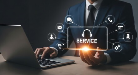 Professional assistance represented by a man utilizing digital technology for customer support and efficient operational solutions.