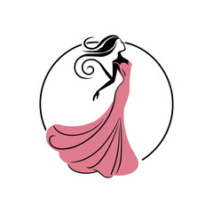 woman in pink red rose dress with fashion logo, Beauty parlour, fashion house, modeling, jewellery, design, style, jeans, jacket, shoes, 