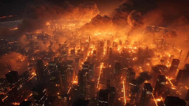 Cinematic aerial view of a large city engulfed in flames at night, skyscrapers ablaze, glowing firelines stretching through the streets