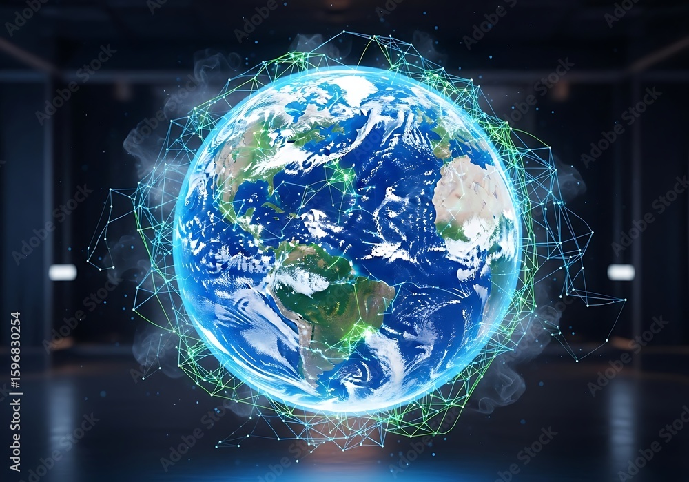 Aufkleber global digital network connecting world earth data flow communication technology innovation