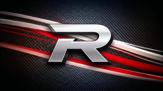 Chrome "R" over textured background with red and white streaks