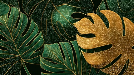 Luxury gold and nature green background vector. Floral pattern, Golden split-leaf Philodendron plant with monstera plant line arts, Vector illustration., no logos, no brands