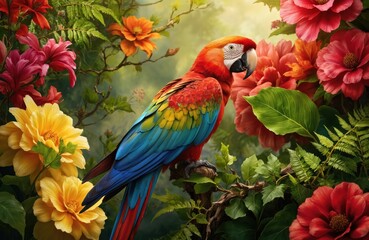 Obraz premium Vibrant tropical bird in mid-flight with striking red blue, orange plumage soaring through air. Garden with various flowers in red, yellow colors surrounds bird with vibrant foliage. Bird wings