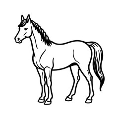 Vector art of a black and white illustration of a horse standing still isolated on white background