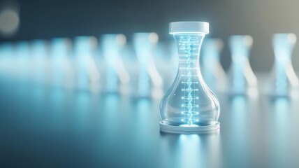 A futuristic transparent hourglass displays a glowing DNA helix inside, symbolizing the intersection of time and genetic science.