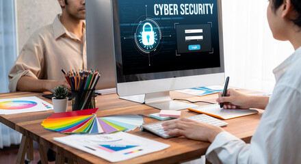 Cyber security system on computer screen protect private information brisk from hacker and cyber...