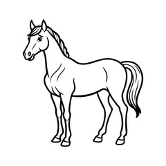 Vector art of a simple black and white line drawing of a standing horse isolated on white background