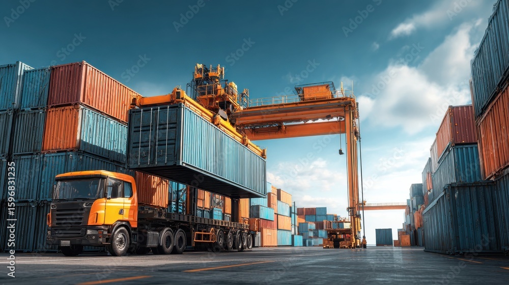 Poster efficient container transportation a crane loading cargo onto a truck in a shipping yard with stacke